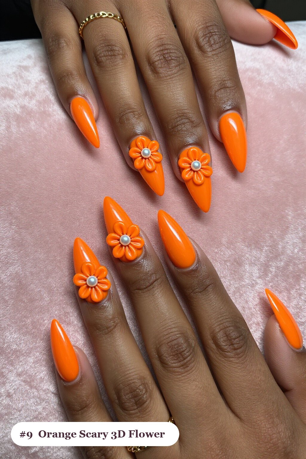 Orange Stiletto Nails with 3D Pearl Flowers - scary halloween nail designs