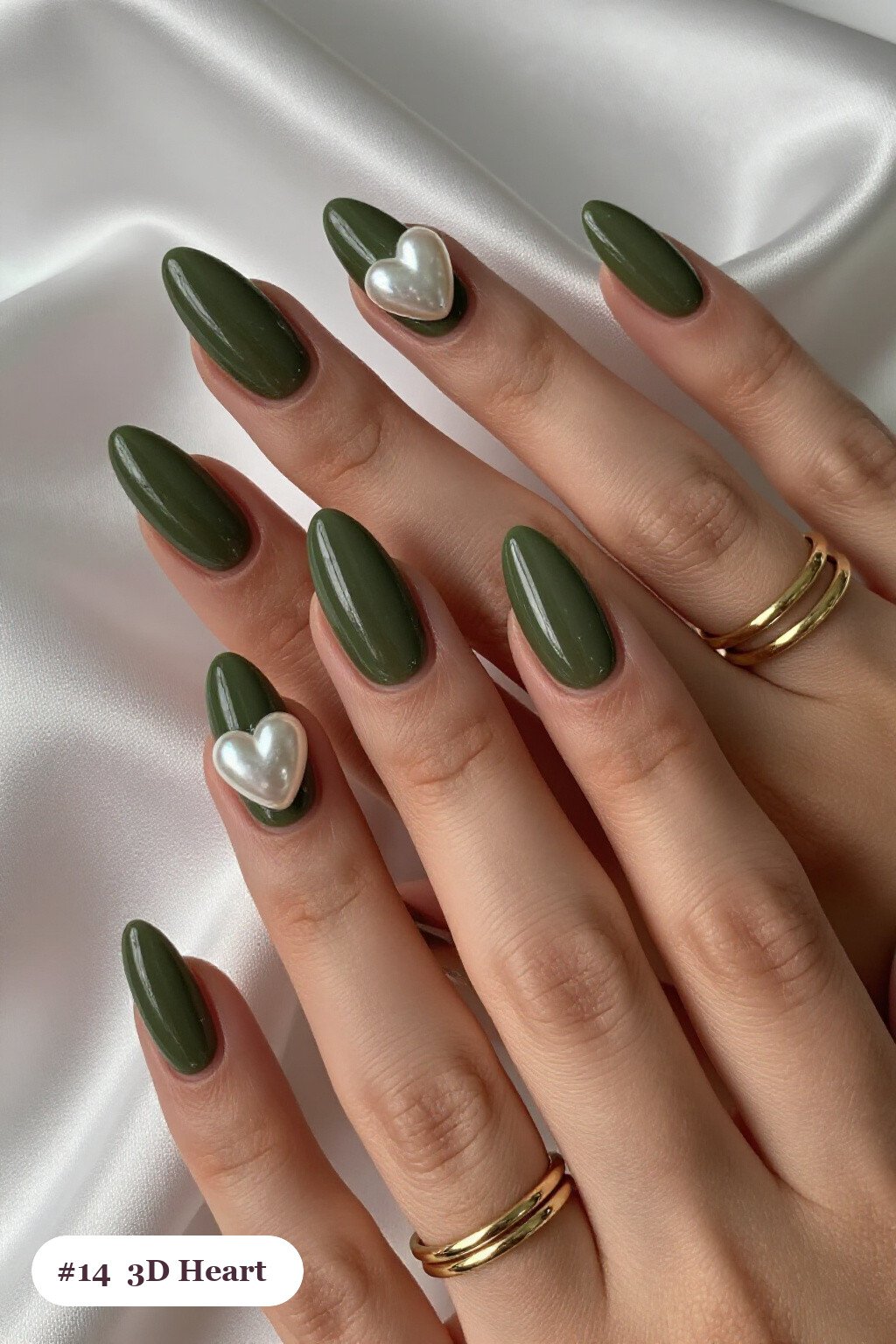 Olive Green 3D Heart & Pearl Long Coffin Nails - september fall nails