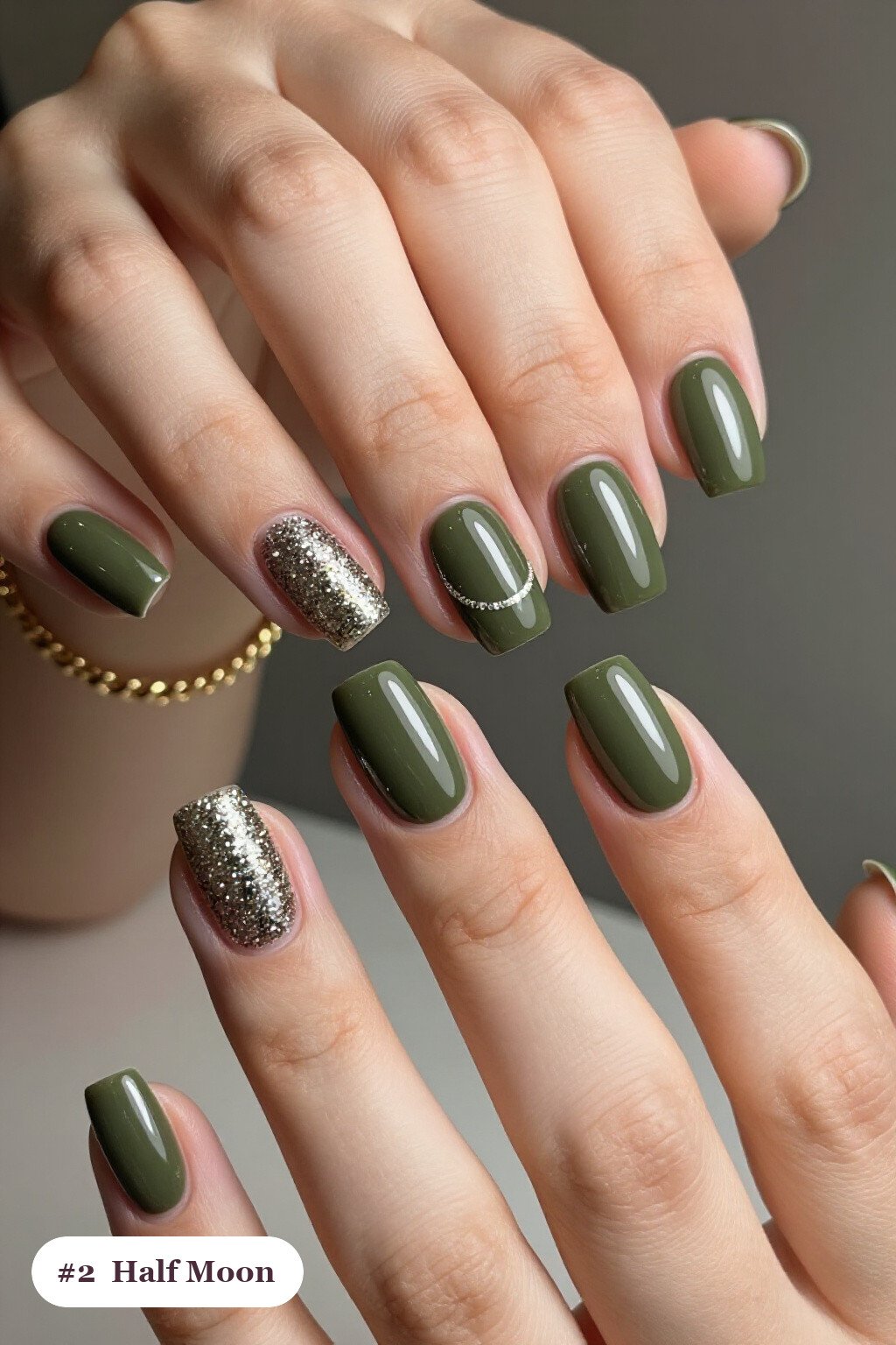 Olive Green Half‑Moon Coffin Nails with Glitter Crescent - september fall nails