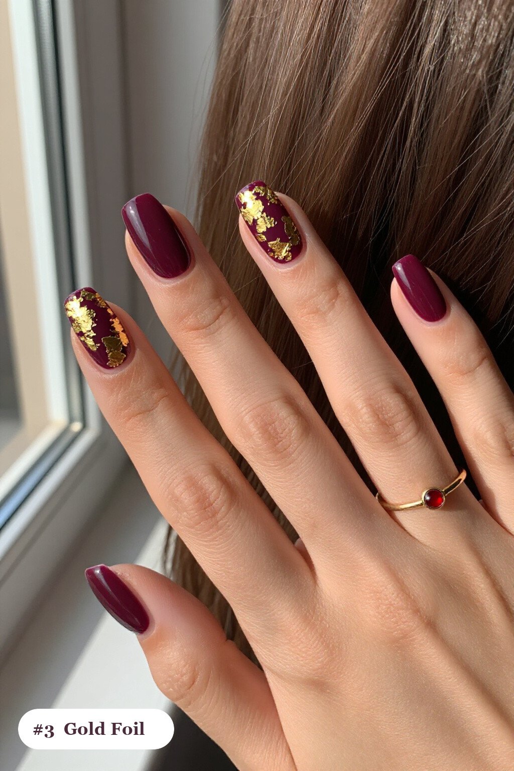Deep Plum Gold‑Foil Square Nails - september fall nails