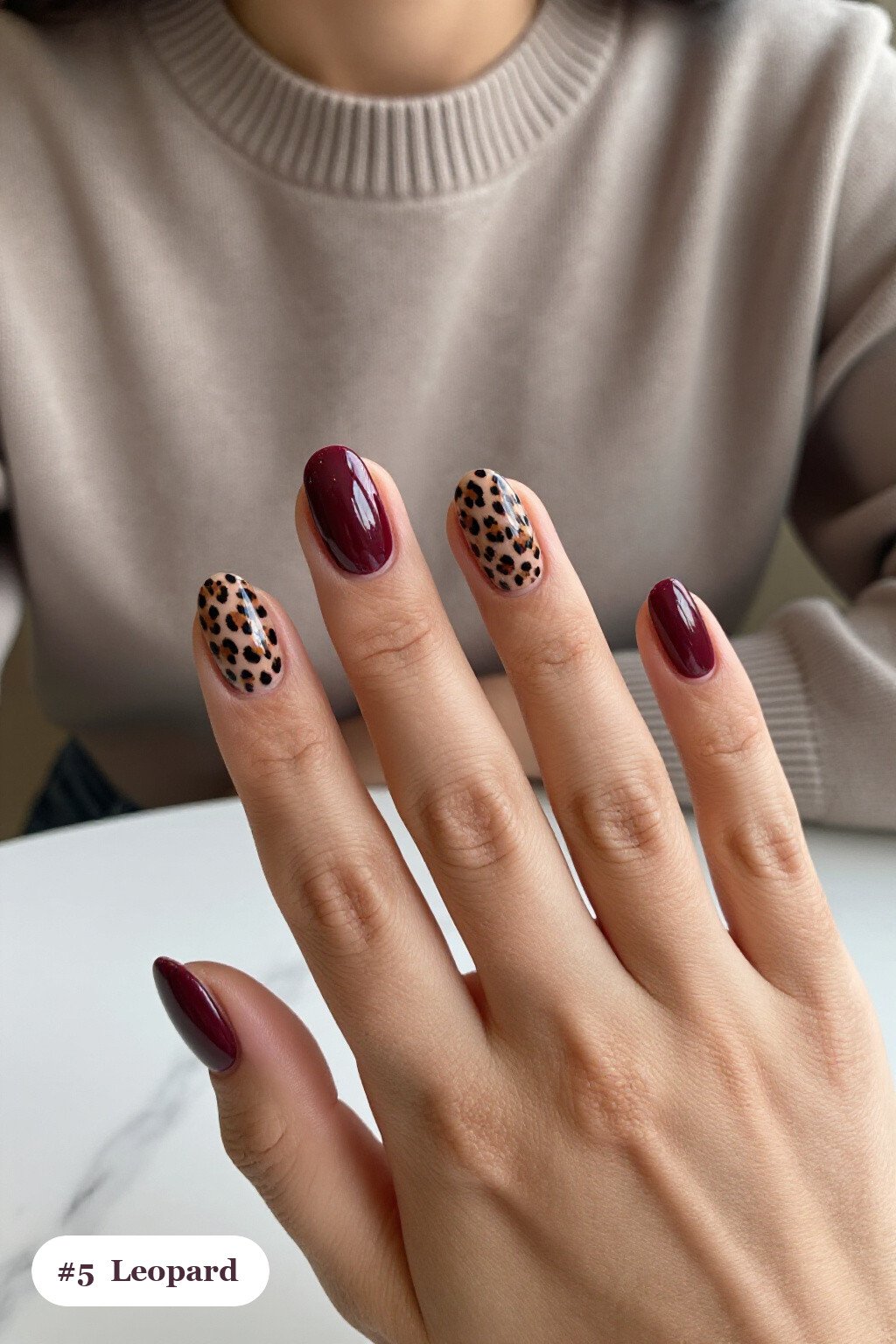 Burgundy Leopard‑Print Oval Nails - september fall nails