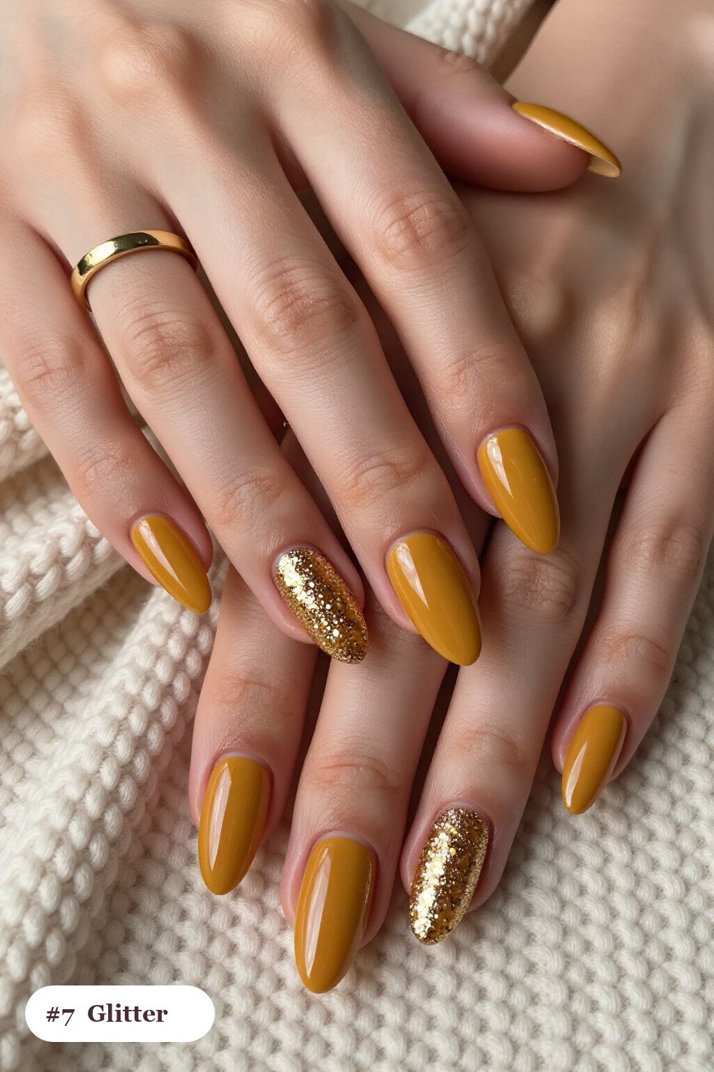Mustard Glitter Gradient Almond Nails - september fall nails