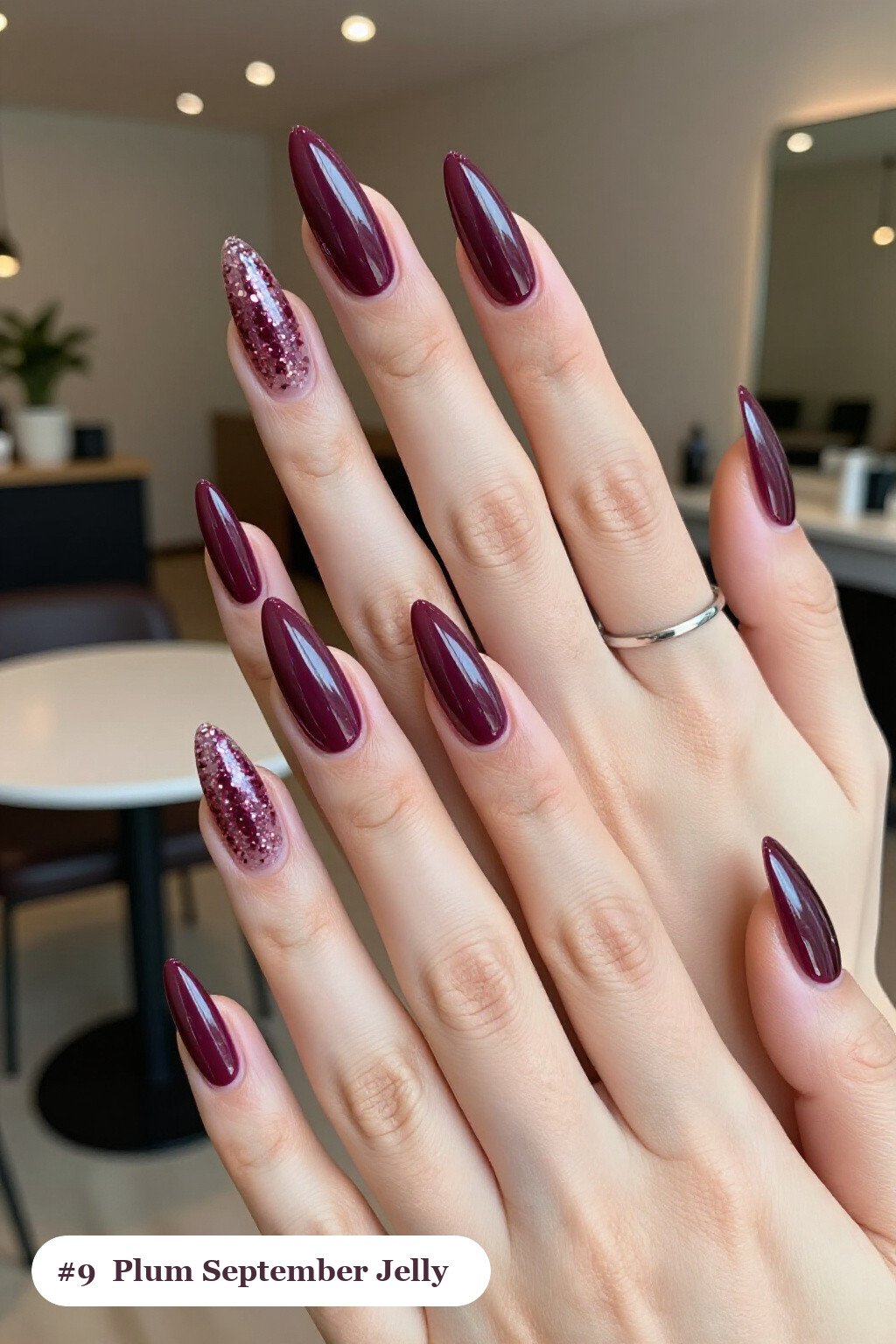 Deep Plum Jelly‑Glitter Stiletto Nails - september fall nails