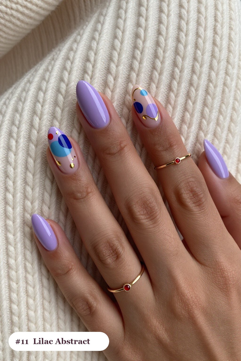Lilac Abstract Color Blobs with Gold Outlines on Short Almond Nails - short almond nails