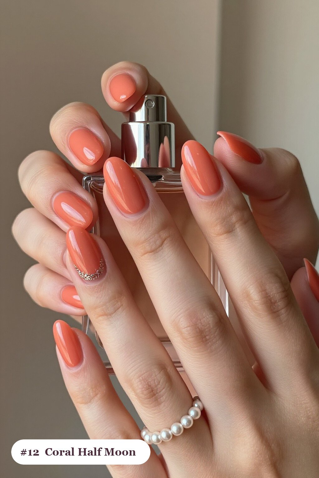 Coral Half‑Moon Glitter Crescent on Short Almond Nails - short almond nails