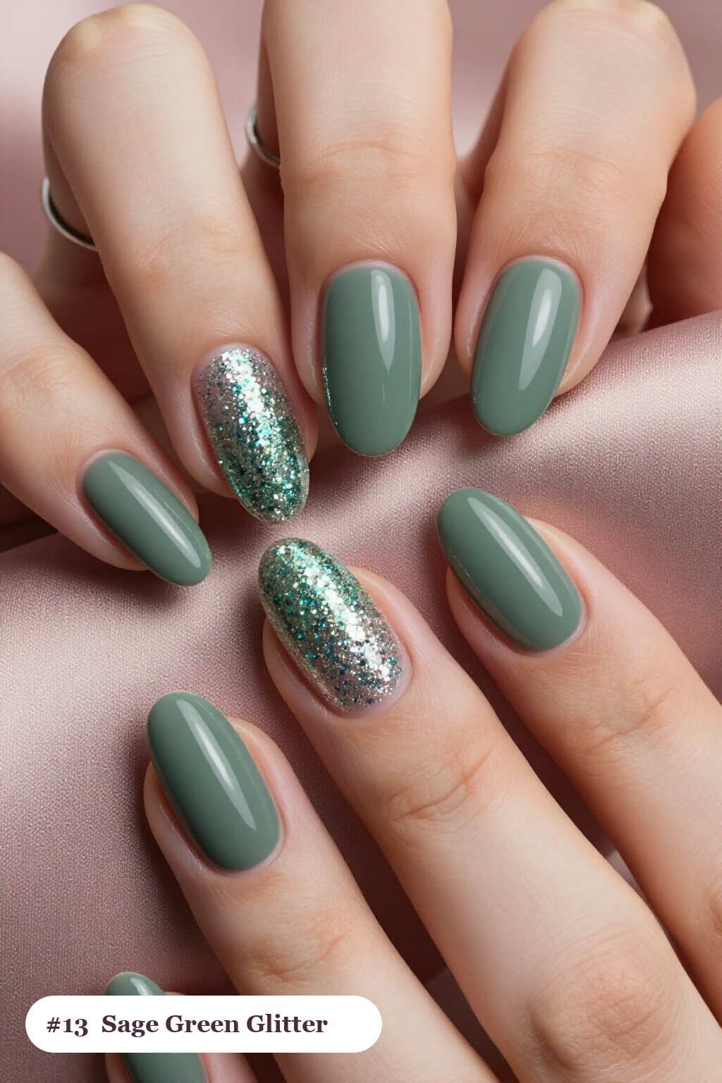 Sage Green Glitter Gradient on Short Almond Nails - short almond nails