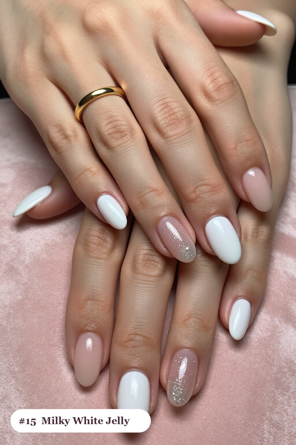 Milky White Jelly Finish with Encapsulated Glitter on Short Almond Nails - short almond nails