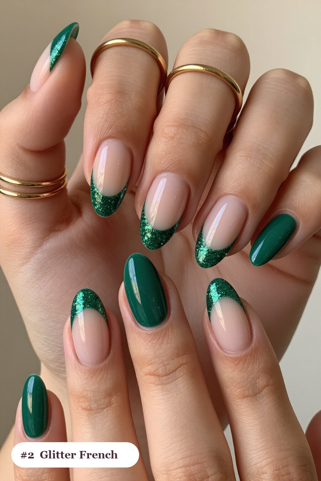 Emerald Green Glitter French Tips on Short Almond Nails - short almond nails