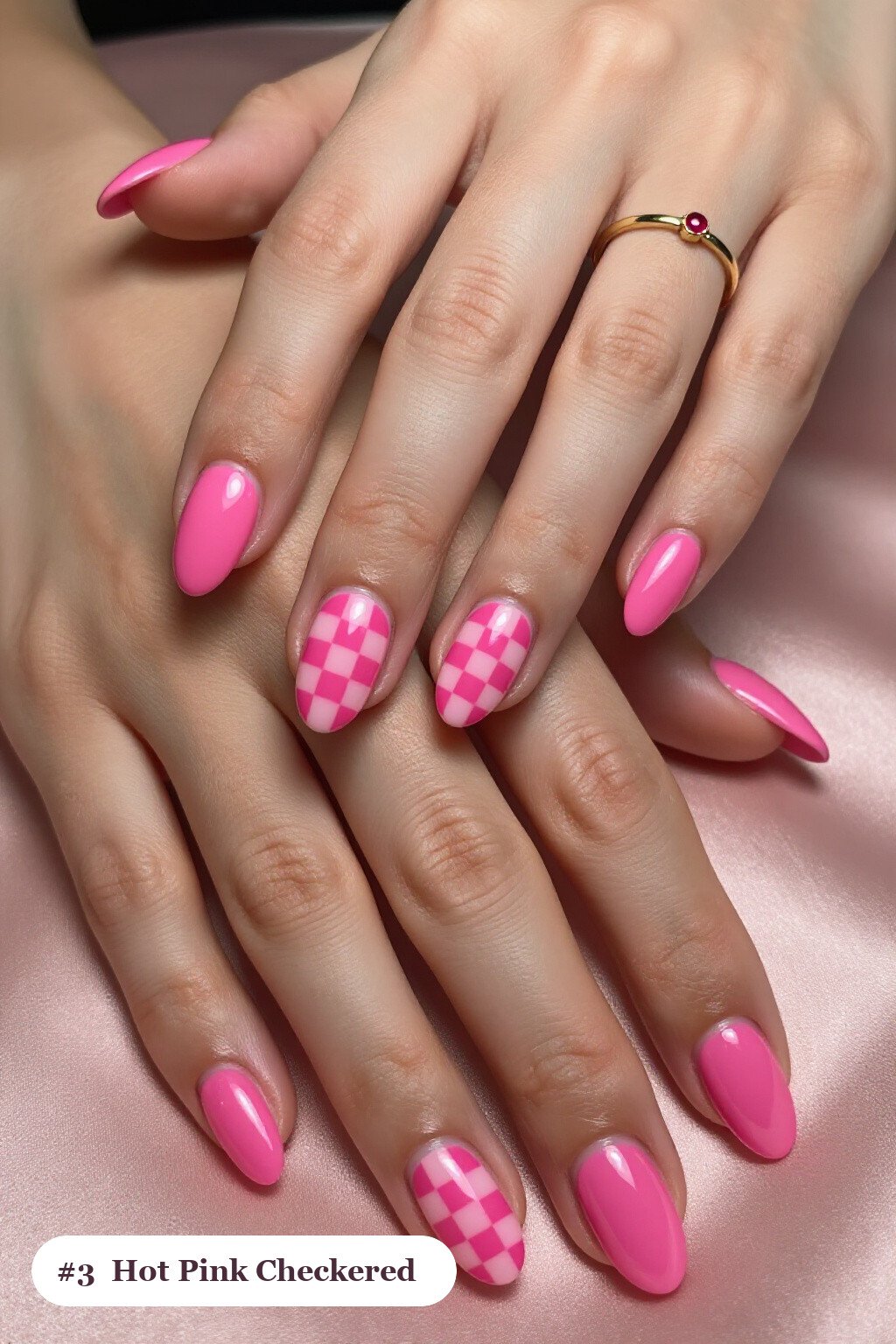 Hot Pink Checkerboard Accents on Short Almond Nails - short almond nails