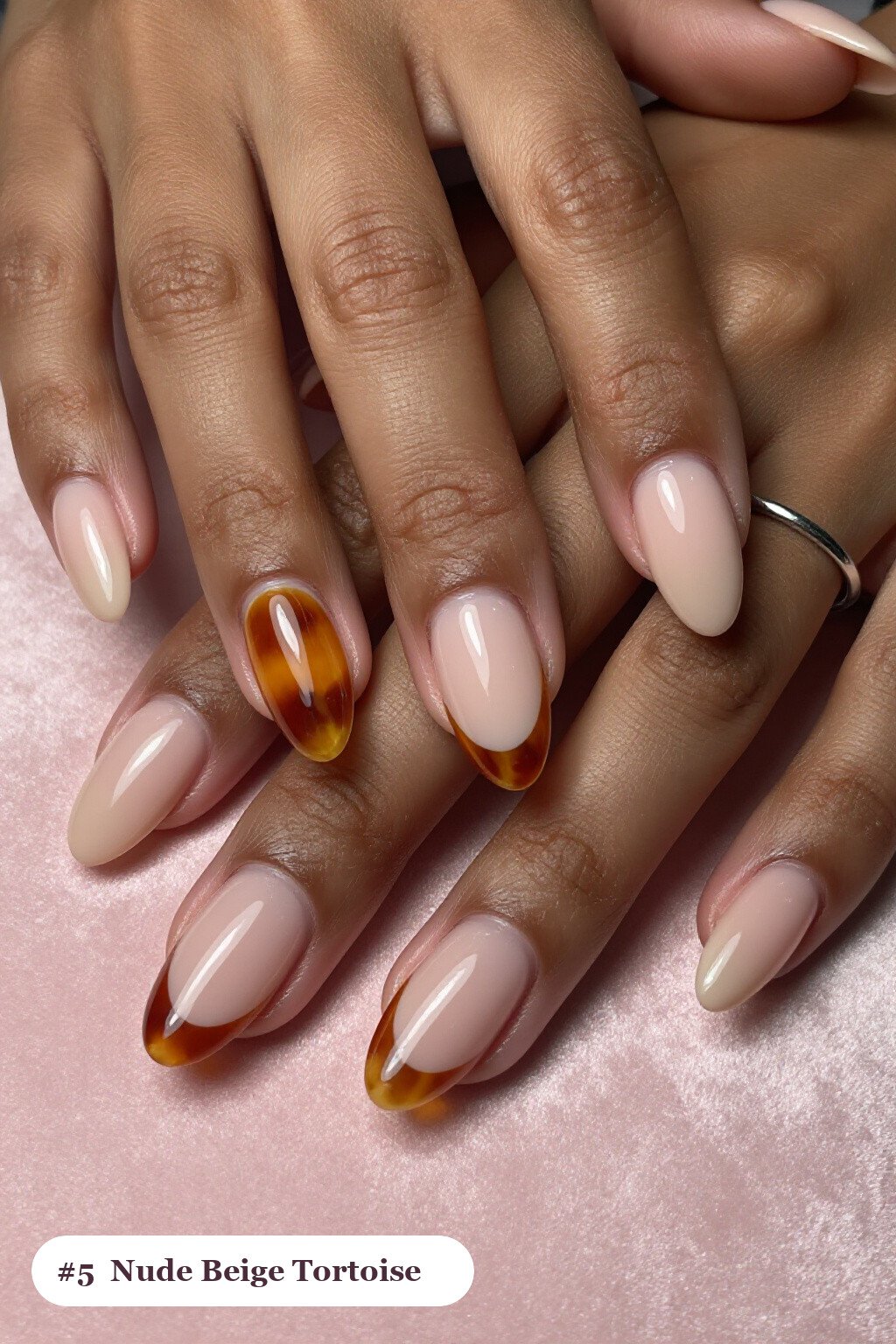 Nude Beige Base with Amber Tortoiseshell Accents on Short Almond Nails - short almond nails