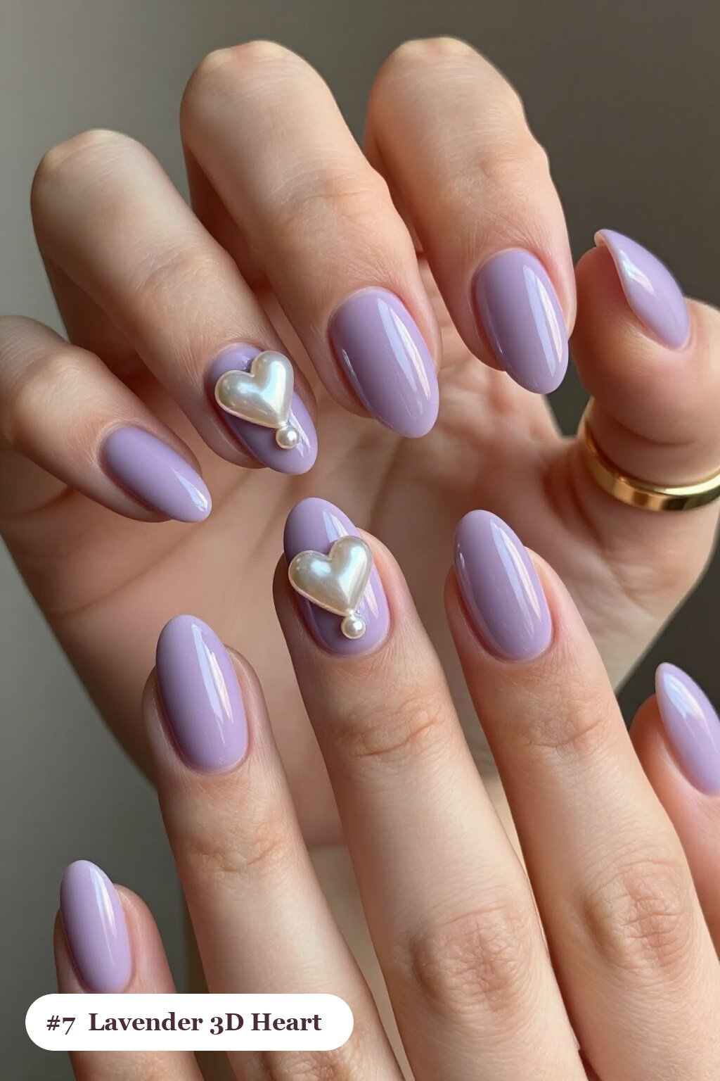 Lavender 3D Hearts and Pearls on Short Almond Nails - short almond nails