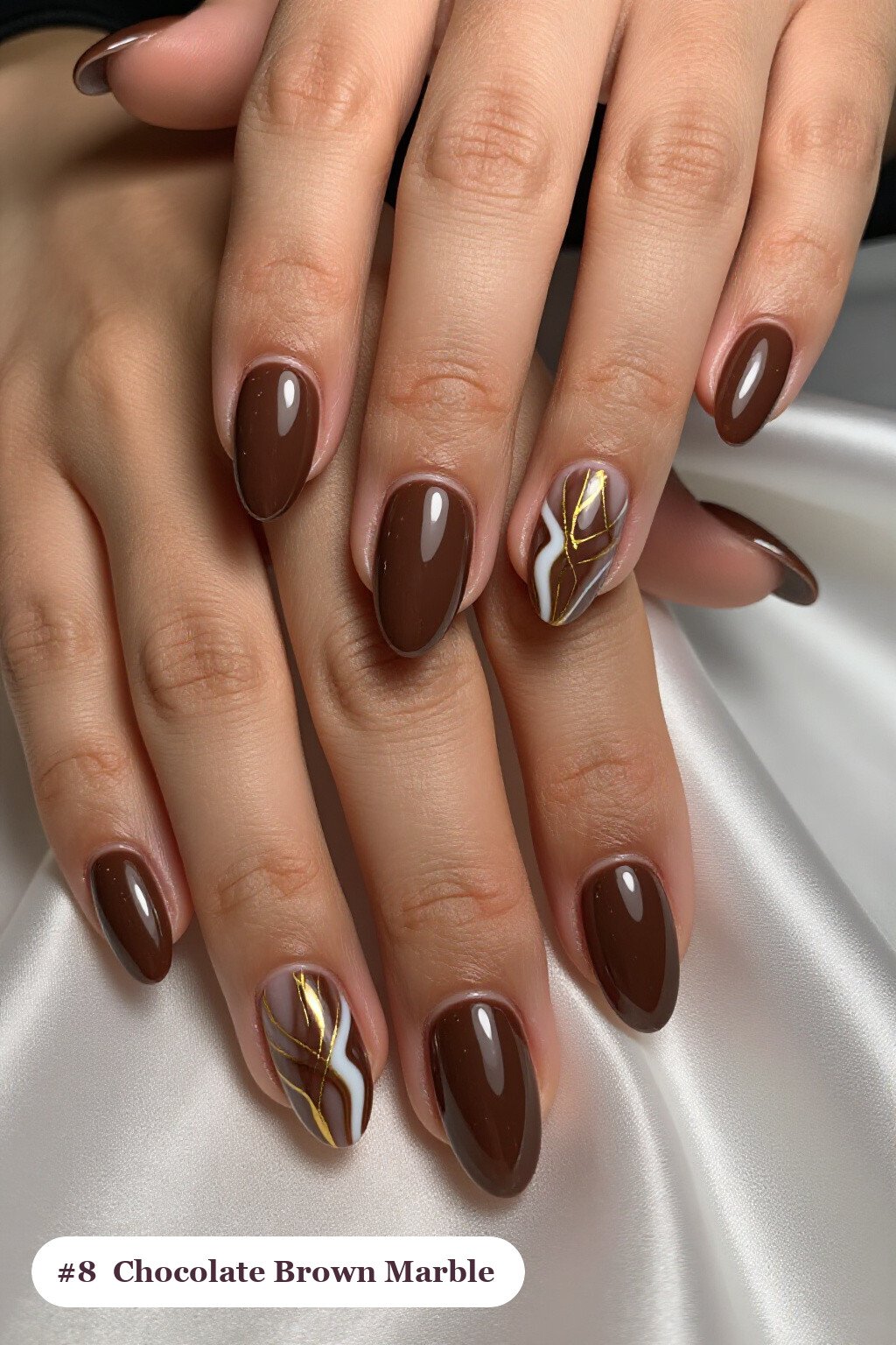 Chocolate Brown Marble Veins on Short Almond Nails - short almond nails