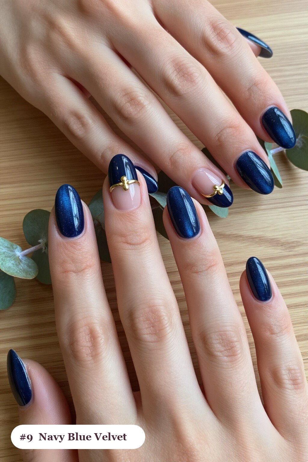 Navy Velvet Shimmer with Gold Charm on Short Almond Nails - short almond nails