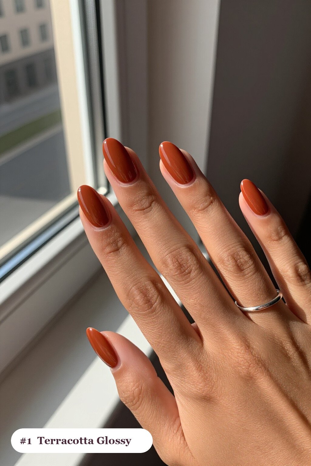Terracotta Short Almond Nails Designs with Mirror‑Glossy Shine - short almond nails designs