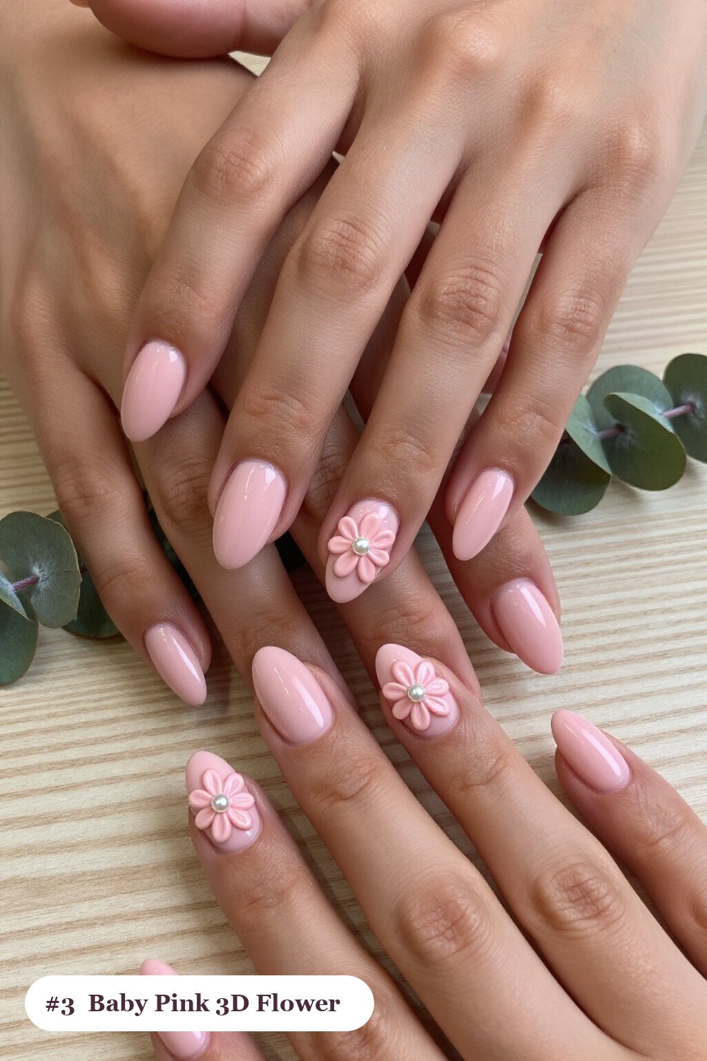 Baby Pink Short Almond Nails Designs Featuring Raised 3D Pearl Flowers - short almond nails designs