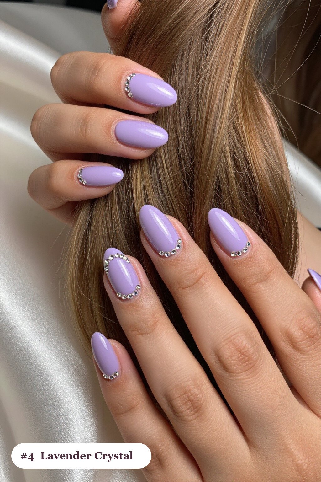 Lavender Short Almond Nails Adorned with Crystal Rhinestone Rows Along the Cuticle - short almond nails designs