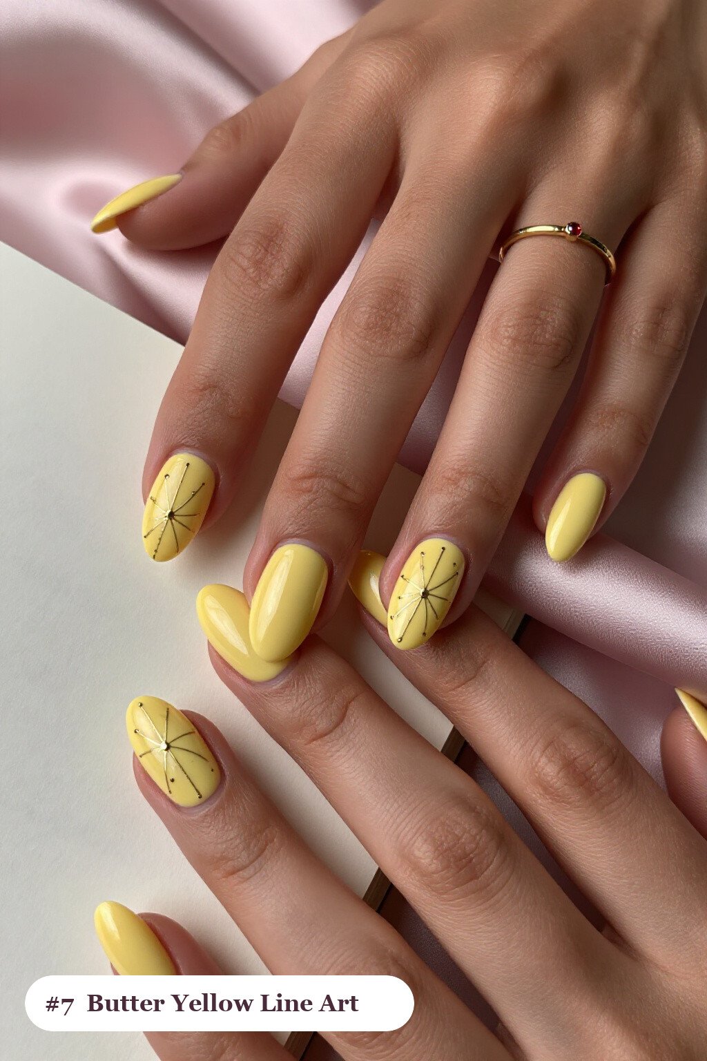 Butter Yellow Short Almond Nails Designs with Fine Gold Line Art & Tiny Dots - short almond nails designs