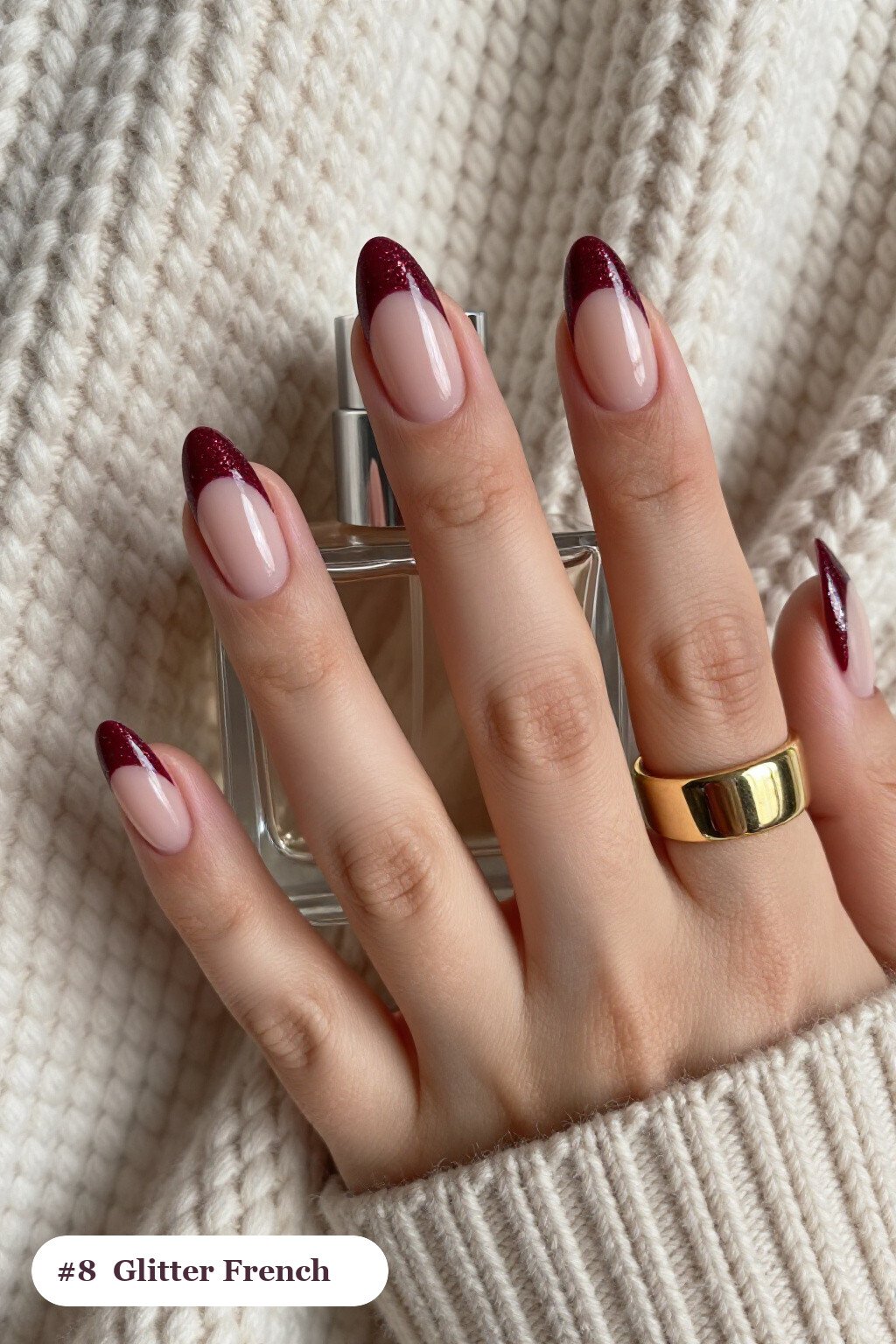 Burgundy Short Almond Nails Featuring Glitter‑Packed French Tips on Sheer Nude Base - short almond nails designs