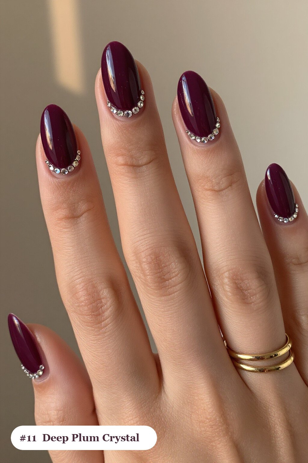 Deep Plum Short Almond Nails with Crystal Rhinestone Rows Along the Cuticle - short almond nails fall