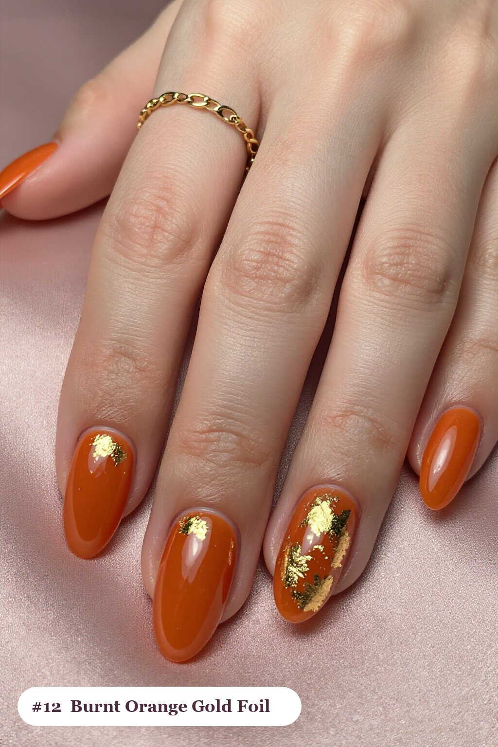 Burnt Orange Short Almond Nails Dotted with Gold Foil Flakes and Gold Leaf - short almond nails fall