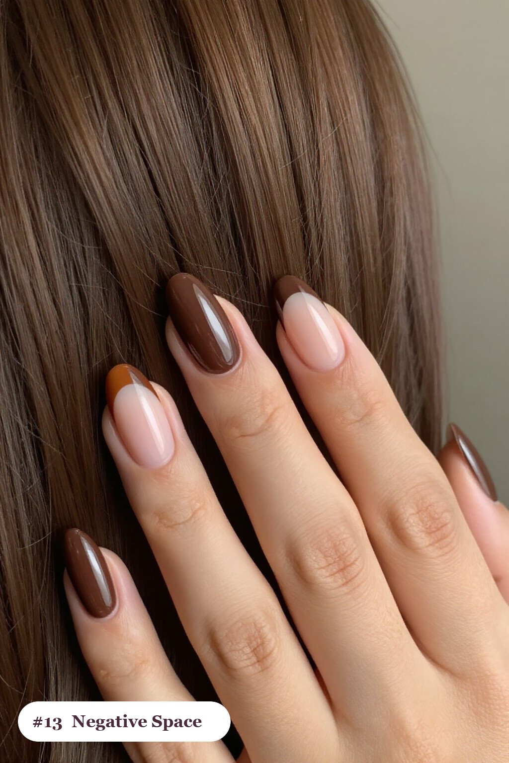 Chocolate Brown Short Almond Nails Negative‑Space with Sheer Nude Windows and Bold Colour Shapes - short almond nails fall
