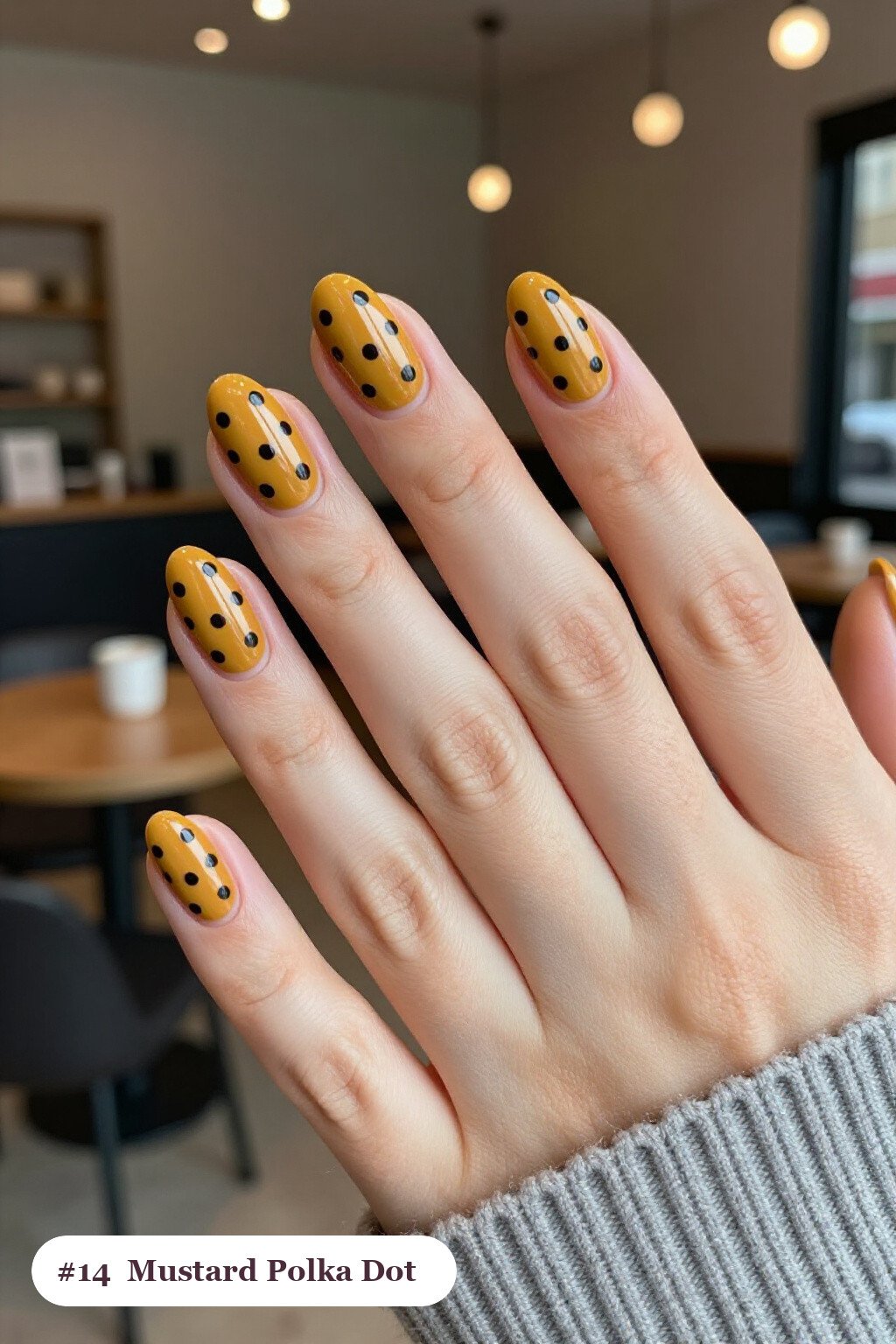 Mustard Short Almond Nails with Playful Polka Dots: On Short Nails - short almond nails fall