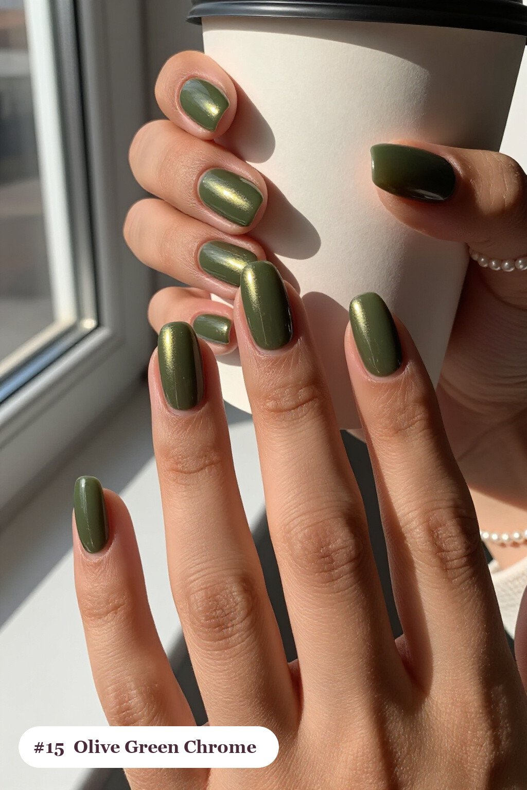 Olive Green Short Almond Nails Liquid Chrome Mirror with Bright Metallic Highlights - short almond nails fall