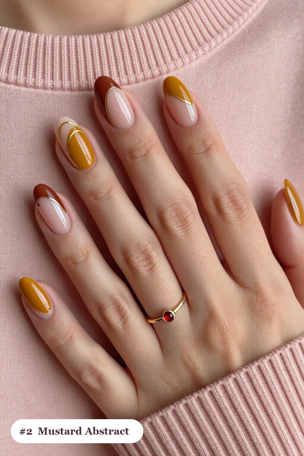 Mustard Short Almond Nails with Abstract Color Blobs and Gold Accents - short almond nails fall
