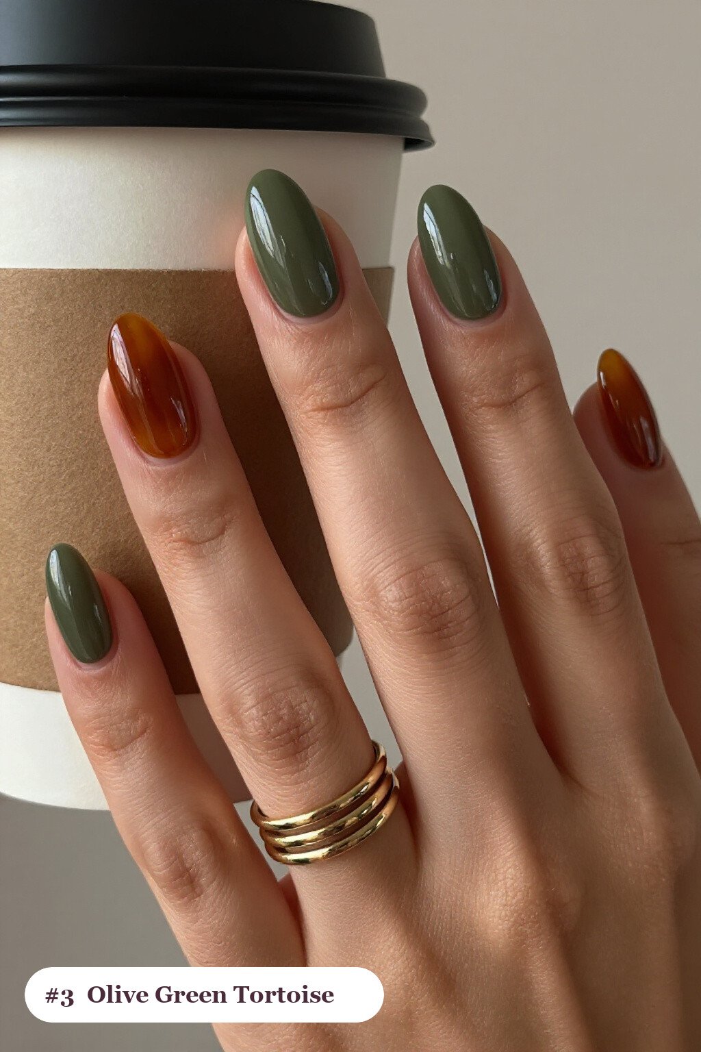 Olive Green Short Almond Nails Featuring Amber Tortoiseshell Accent Nails - short almond nails fall