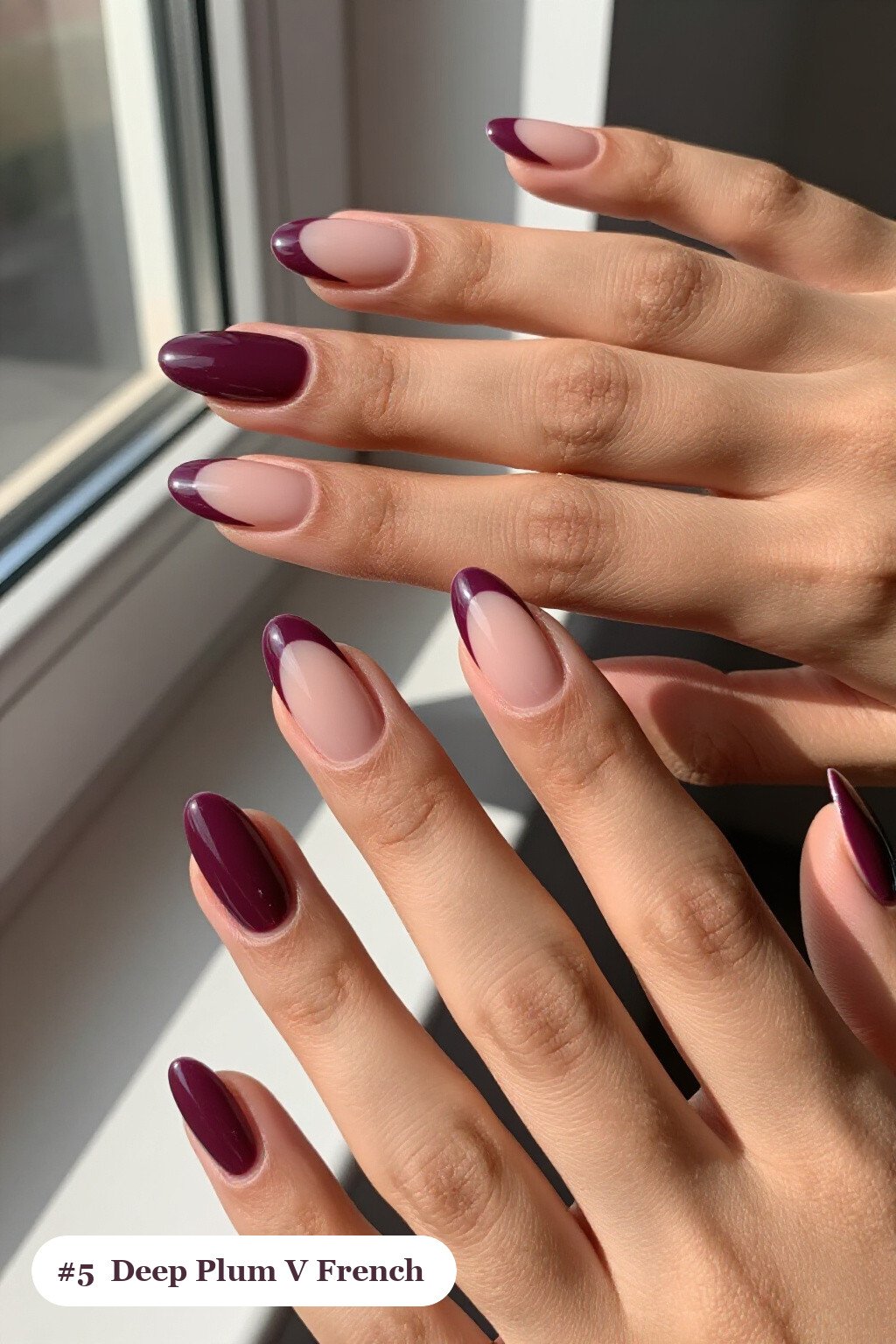 Deep Plum Short Almond Nails with Contrasting V‑Shaped French Tips - short almond nails fall