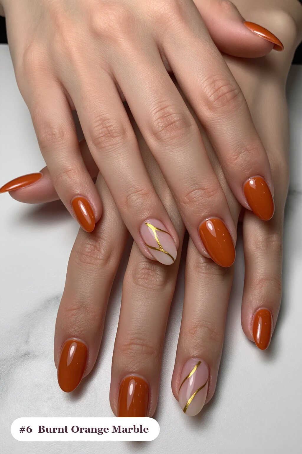 Burnt Orange Short Almond Nails with Bold Marble Veins in White and Gold: How to Make Them Last Longer - short almond nails fall