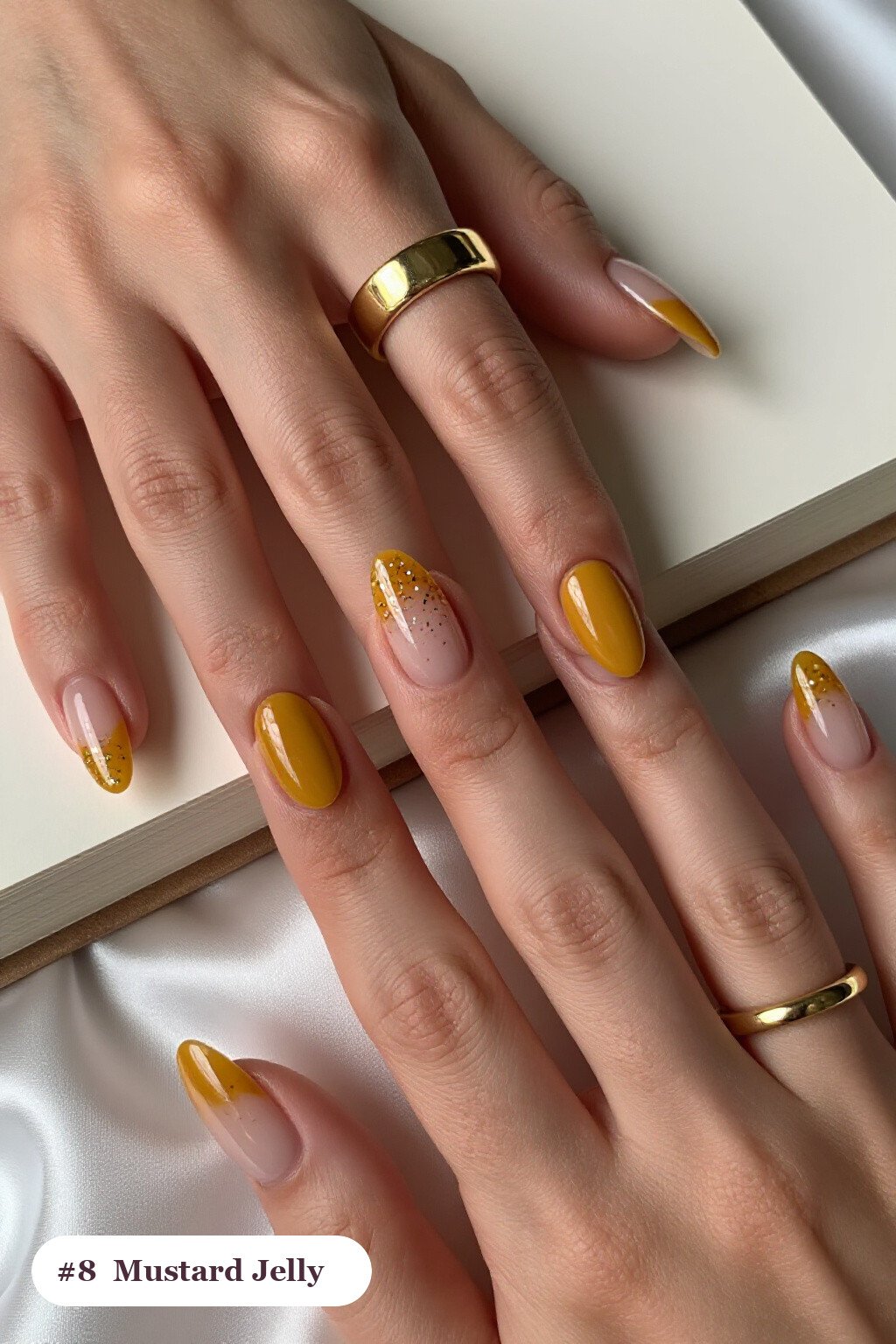 Mustard Short Almond Nails in Jelly Finish with Encapsulated Glitter - short almond nails fall