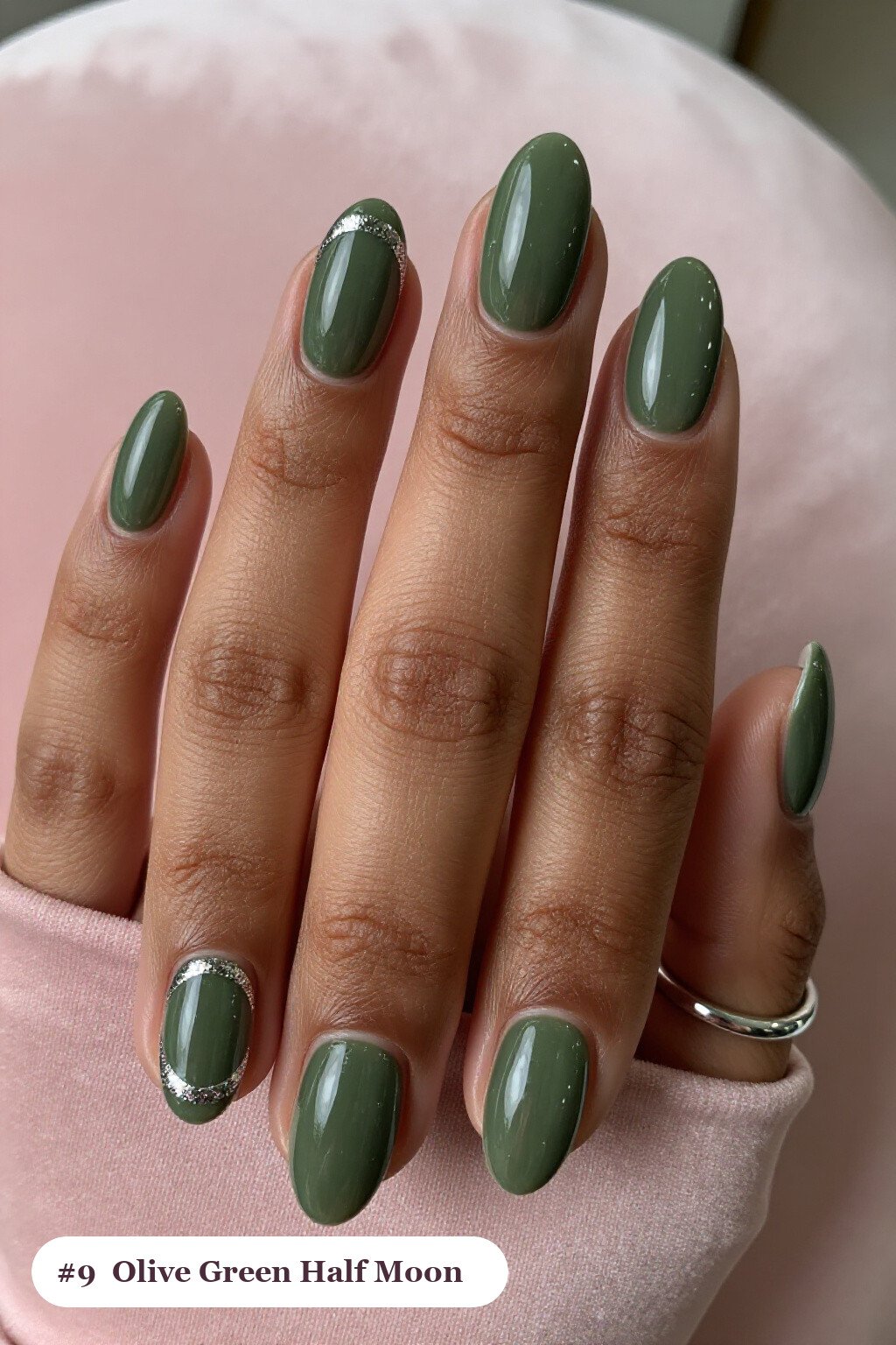 Olive Green Short Almond Nails Half‑Moon Design with Glitter Crescent at Cuticle - short almond nails fall