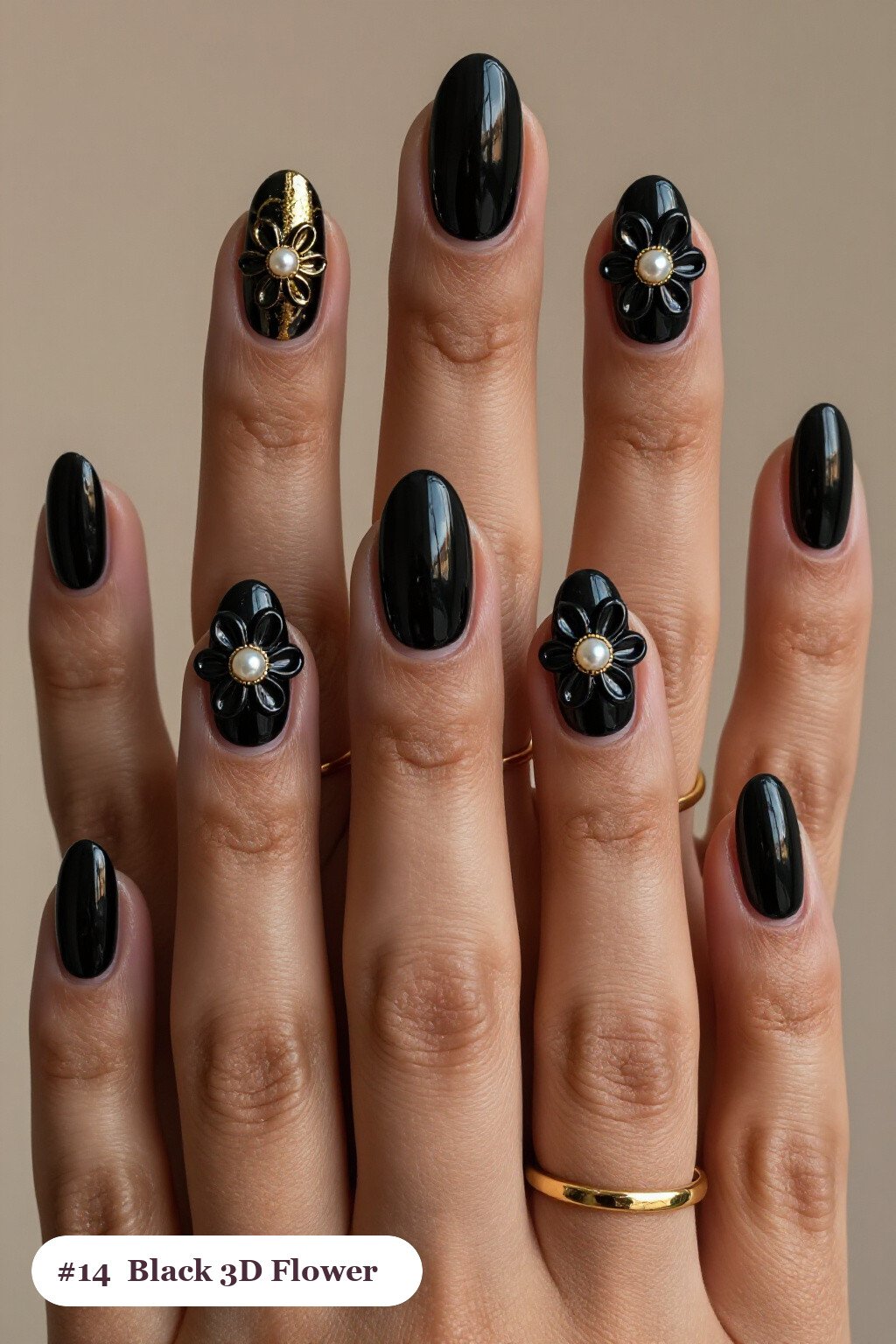 Short almond black nails with raised 3D flowers with pearl centres on two accent nails, with gold details, perfect for halloween - short halloween nails black Short almond black nails with raised 3D flowers with pearl centres on two accent nails, with gold details, perfect for halloween - short halloween nails black