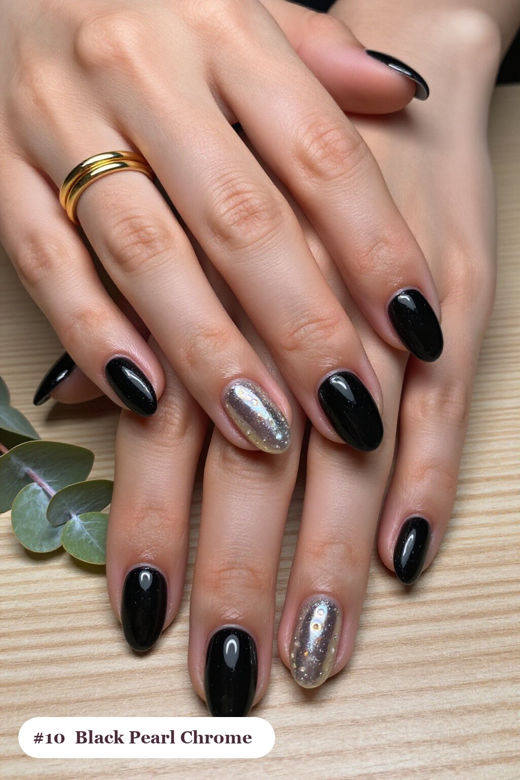 Short almond black nails with glazed pearl chrome over the colour for an iridescent sheen, perfect for halloween - short simple halloween nail ideas Short almond black nails with glazed pearl chrome over the colour for an iridescent sheen, perfect for halloween - short simple halloween nail ideas