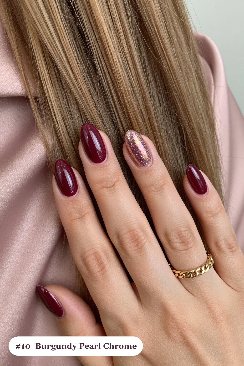Burgundy Almond Nails Wrapped in Iridescent Pearl Chrome - short thanksgiving nails Burgundy Almond Nails Wrapped in Iridescent Pearl Chrome - short thanksgiving nails
