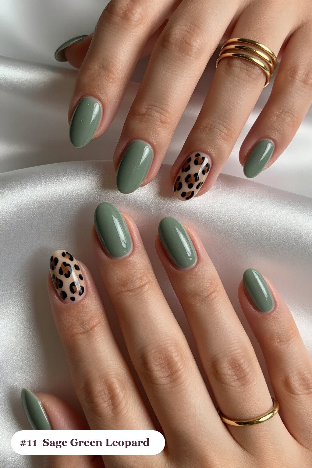 Sage Green Almond Nails with Leopard Print Accents: On Short Nails - short thanksgiving nails Sage Green Almond Nails with Leopard Print Accents: On Short Nails - short thanksgiving nails