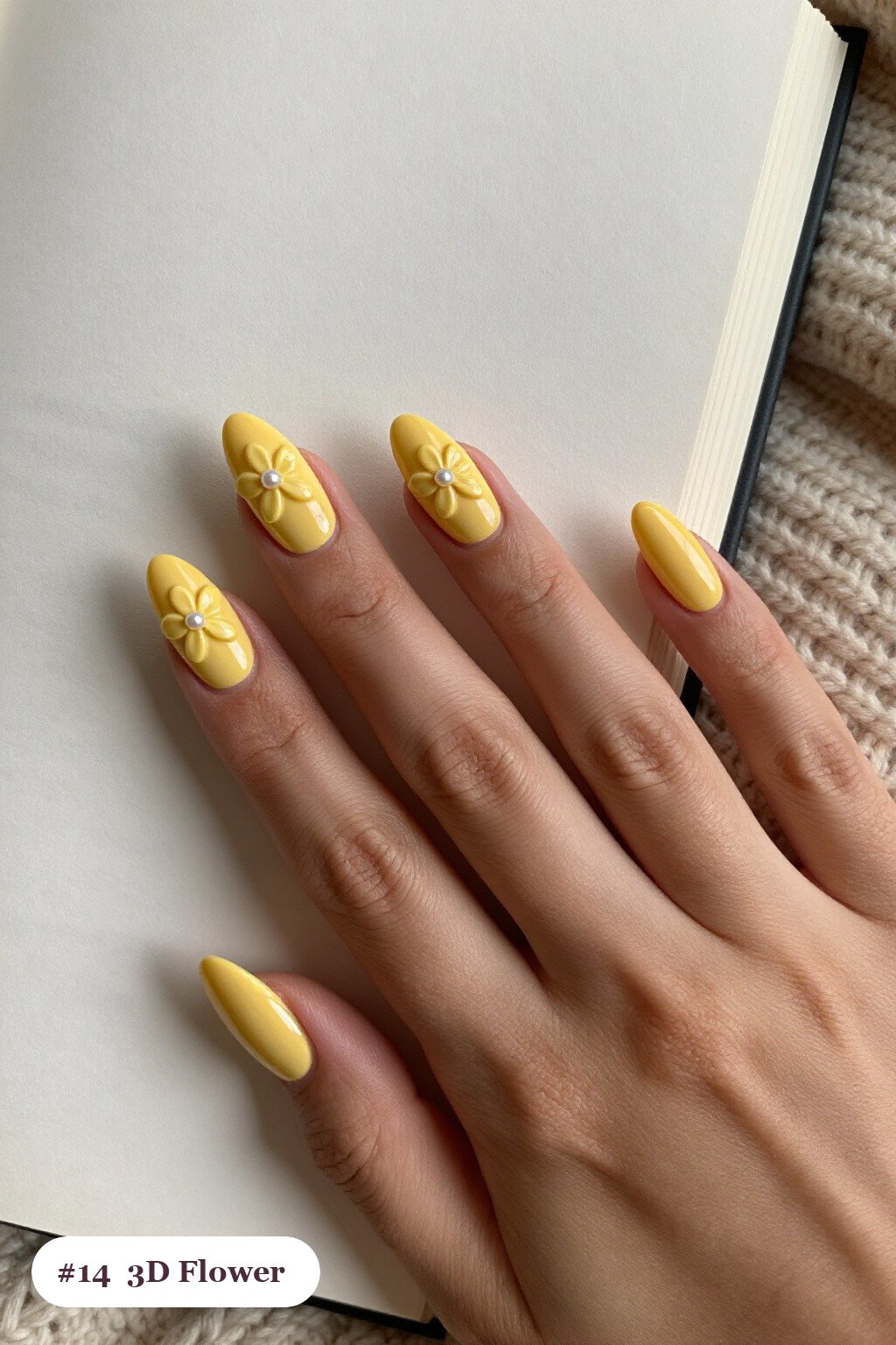 Butter Yellow Almond Nails with 3D Pearl‑Center Flowers - short thanksgiving nails Butter Yellow Almond Nails with 3D Pearl‑Center Flowers - short thanksgiving nails