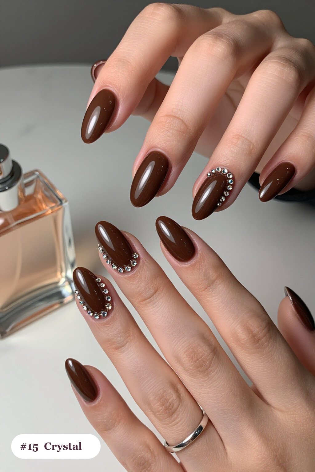 Chocolate Brown Almond Nails Lined with Crystal Rhinestones - short thanksgiving nails Chocolate Brown Almond Nails Lined with Crystal Rhinestones - short thanksgiving nails