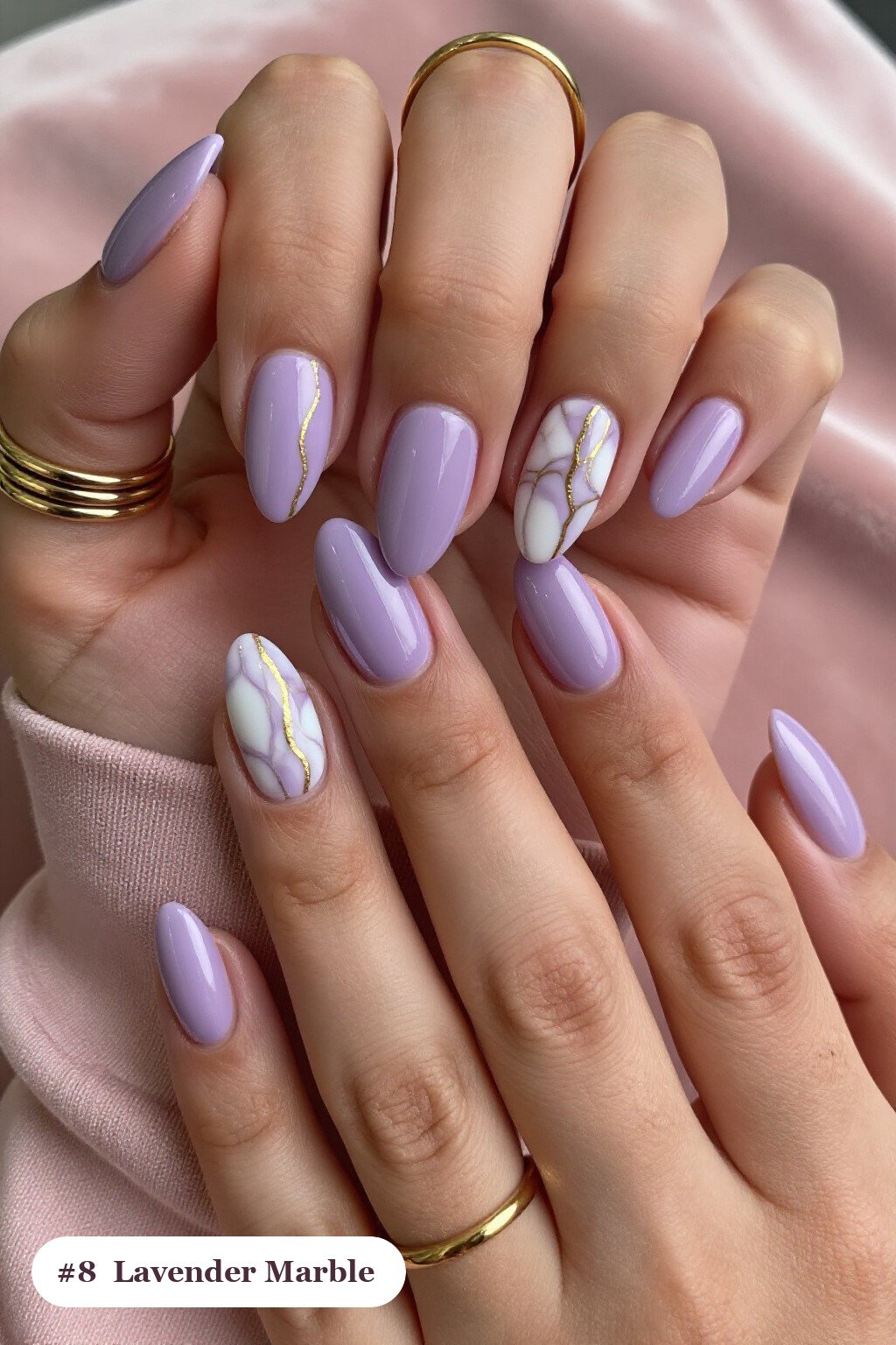 Lavender Marble‑Veined Almond Nails in White and Gold - short thanksgiving nails Lavender Marble‑Veined Almond Nails in White and Gold - short thanksgiving nails