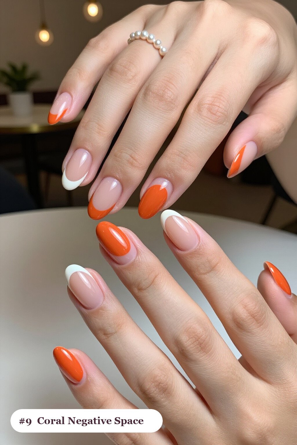 Coral Negative‑Space Almond Nails with Sheer Nude Windows - short thanksgiving nails Coral Negative‑Space Almond Nails with Sheer Nude Windows - short thanksgiving nails