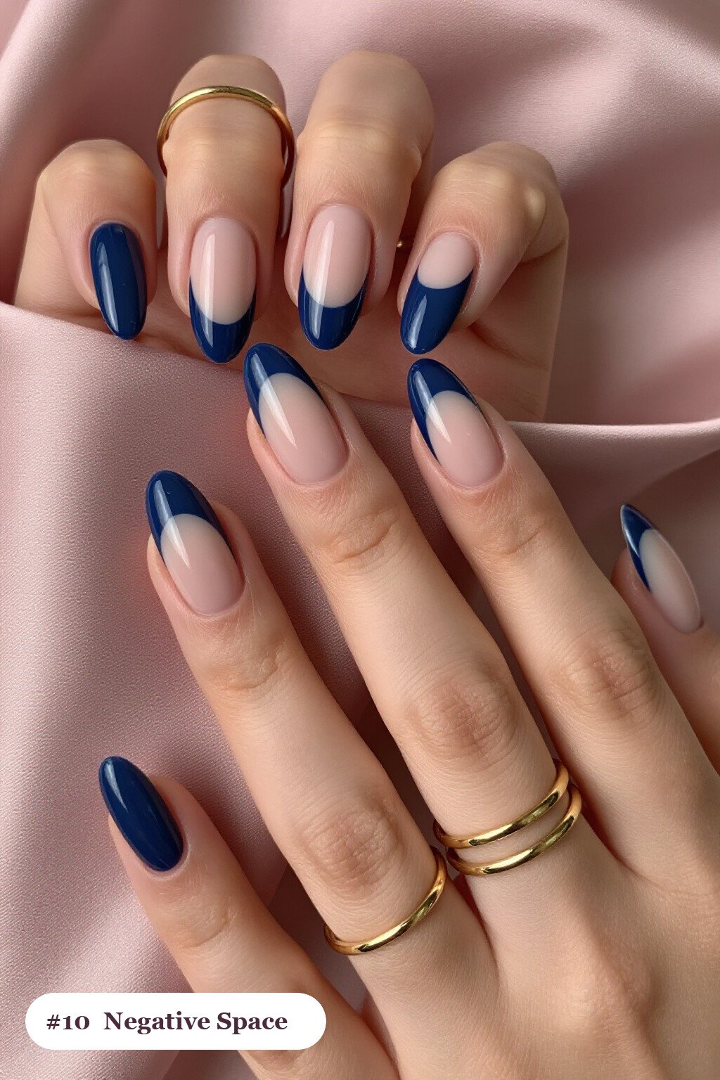 Navy Almond Nails Negative‑Space with Sheer Nude Windows and Bold Shapes - simple almond nails