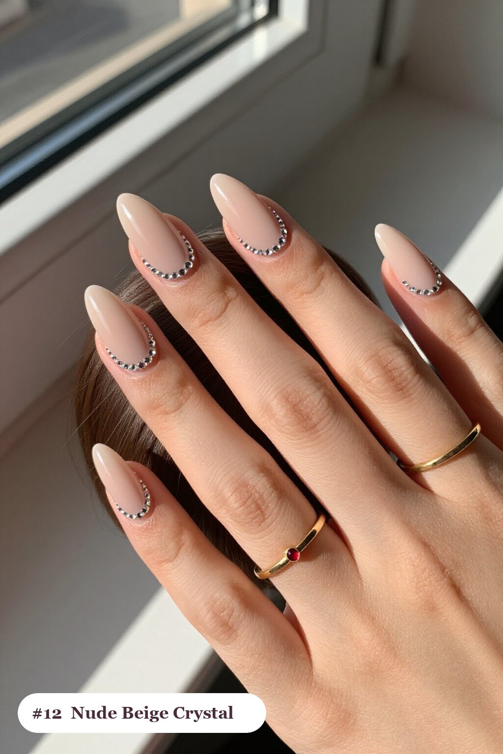 Nude Beige Almond Nails Embellished with Crystal Rhinestone Rows at Cuticle - simple almond nails