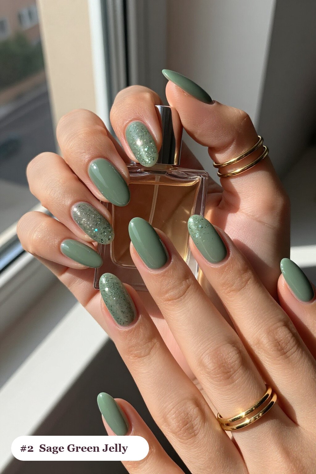 Sage Green Jelly Almond Nails with Encapsulated Glitter – Fresh Minimalist Vibe - simple almond nails