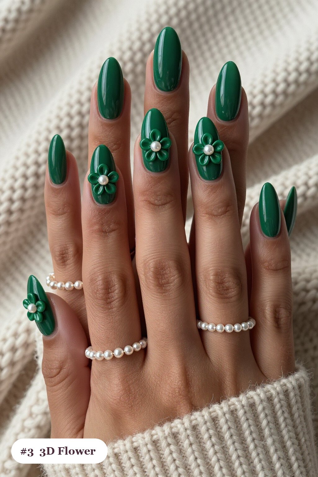 Emerald Almond Nails Featuring 3D Pearl‑Center Flowers on Accent Digits - simple almond nails