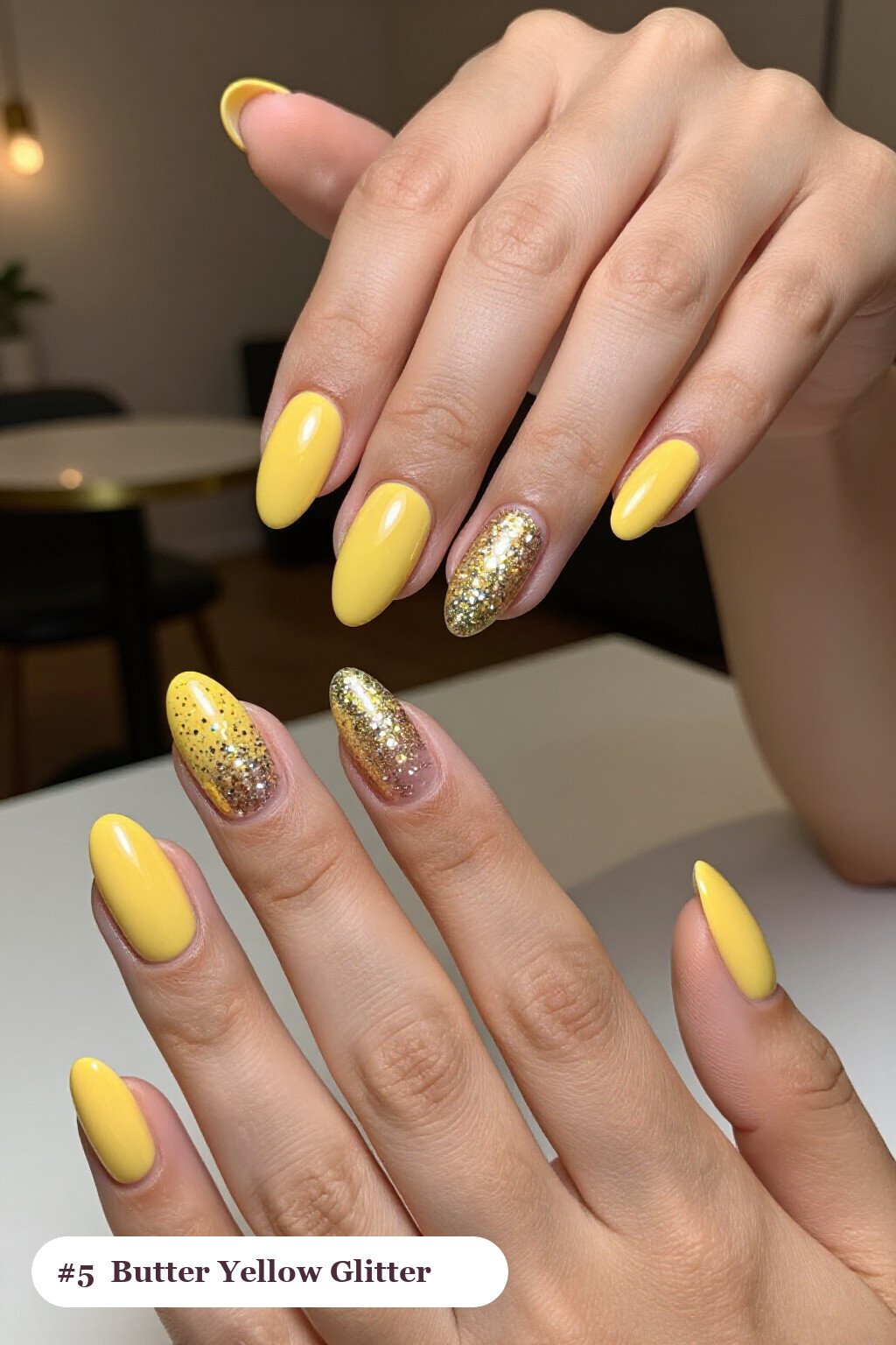 Butter Yellow Almond Nails with Glitter Gradient Rising From Cuticle - simple almond nails
