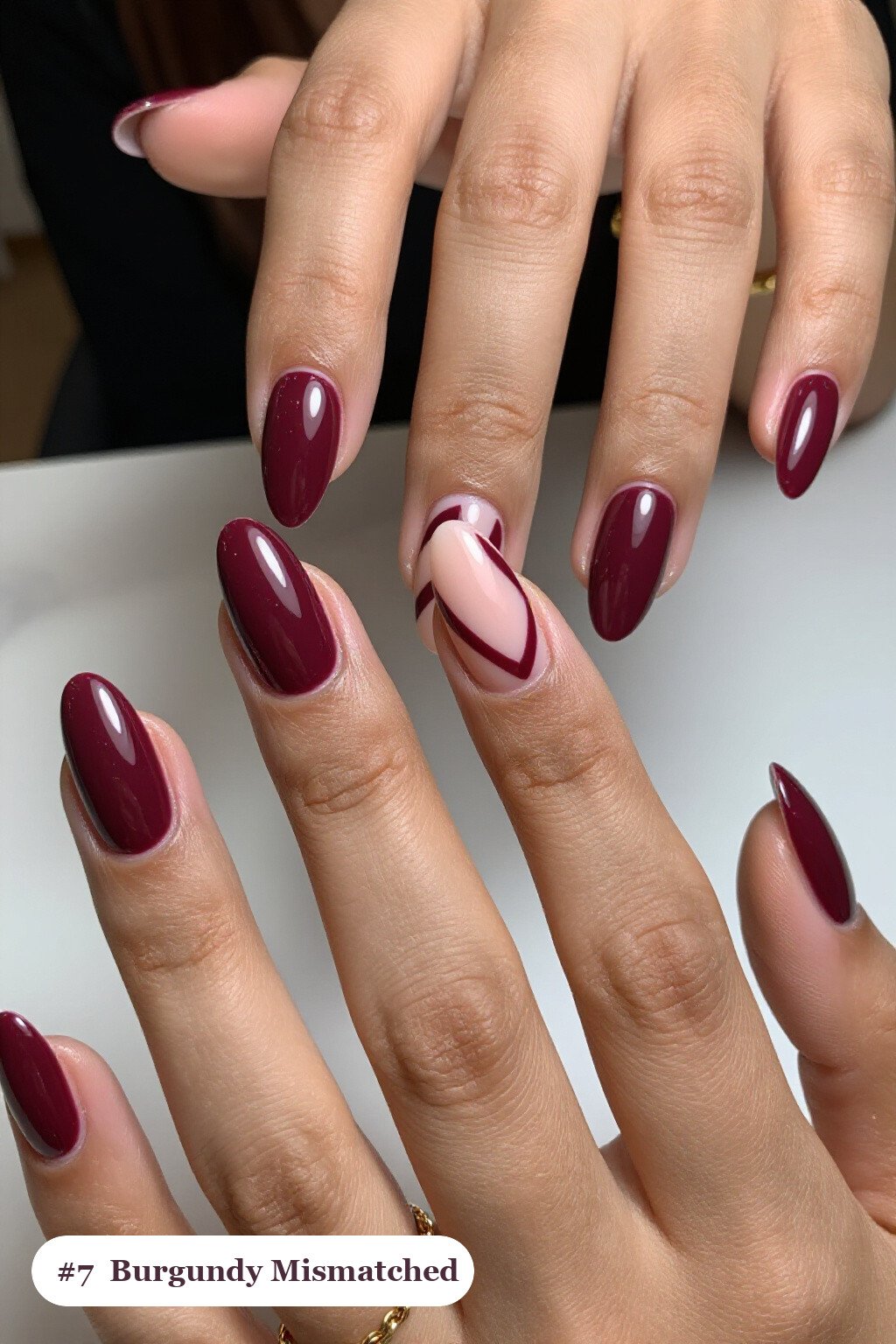 Burgundy Almond Nails Mismatched Patterns for a Cohesive Color Story - simple almond nails