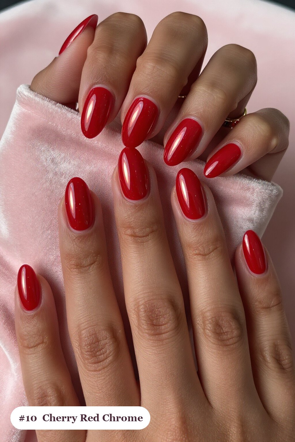 Cherry Red Almond Nails in Liquid Chrome Mirror Finish with Metallic Highlights - simple almond nails designs