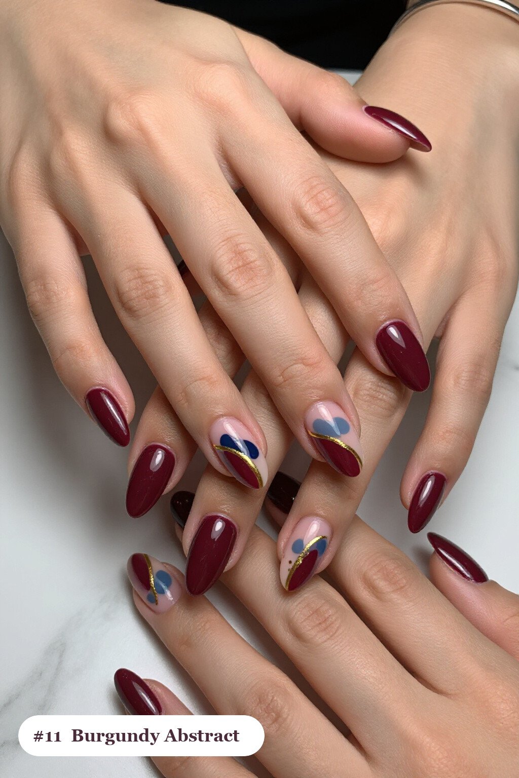 Burgundy Almond Nails with Color Blobs, Gold Outlines and Dots: How to Make Them Last Longer - simple almond nails designs