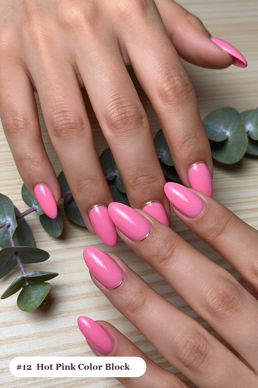 Hot Pink Almond Nails Color-Block Diagonal Split with Thin Gold Line - simple almond nails designs